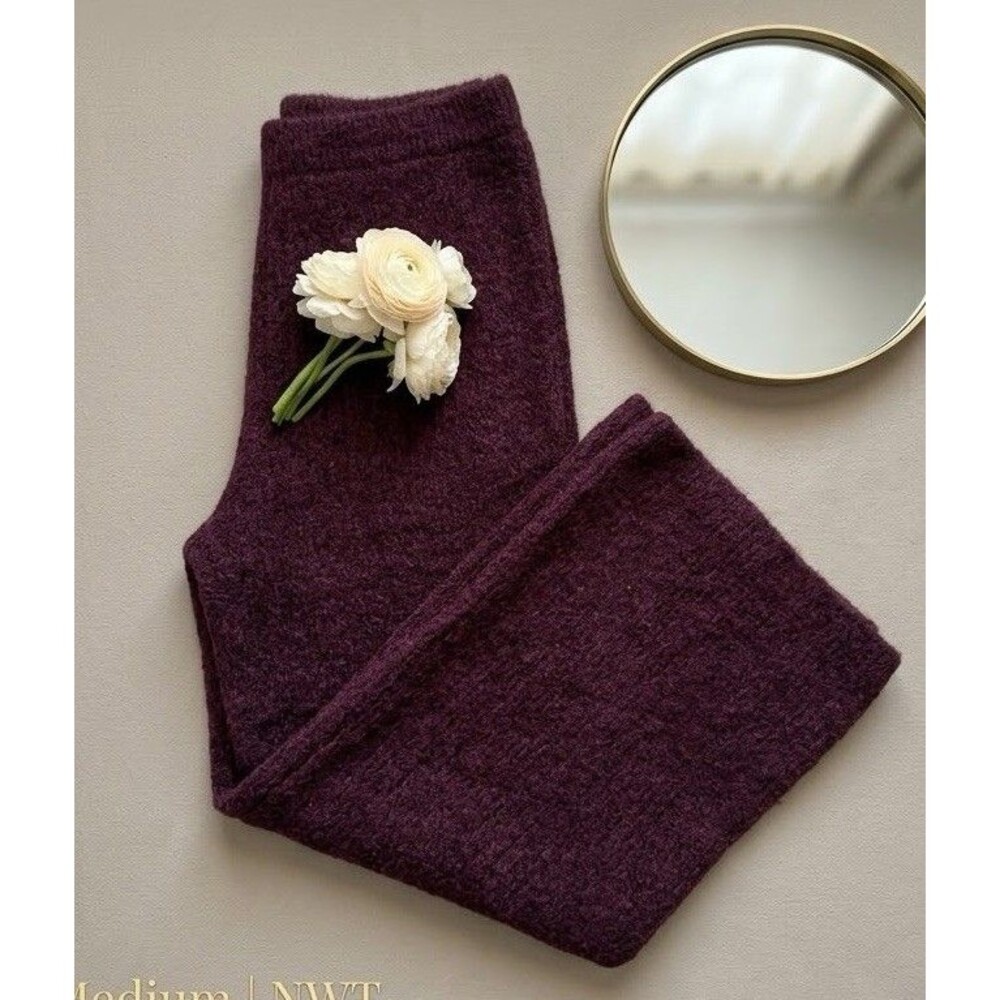 NWT Lulus Burgundy Fuzzy Knit Wide Leg Sweater Pants Cozy Lounge Medium
